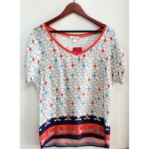 Robell R.O.B. Blouse NWT Scarf Link Knot Print Coral/Navy/Gold 4 Srt Slv Viscose
